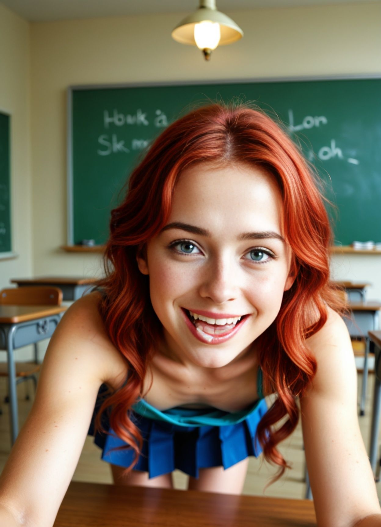 Redhead in schoolgirl skirt at desk